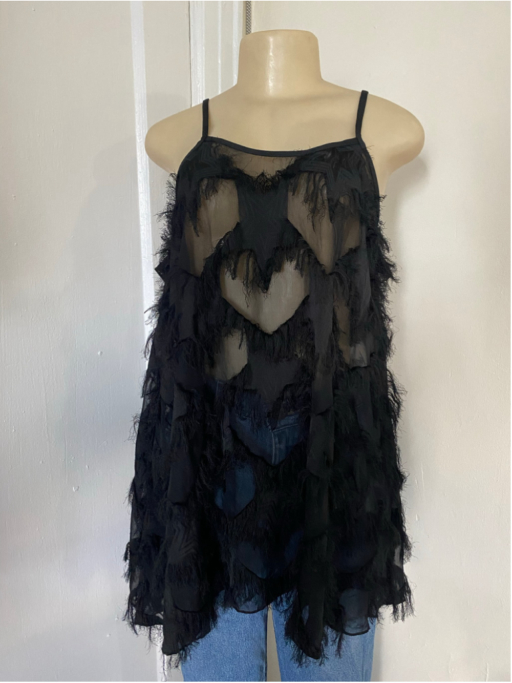 Black sheer ruffle tank top